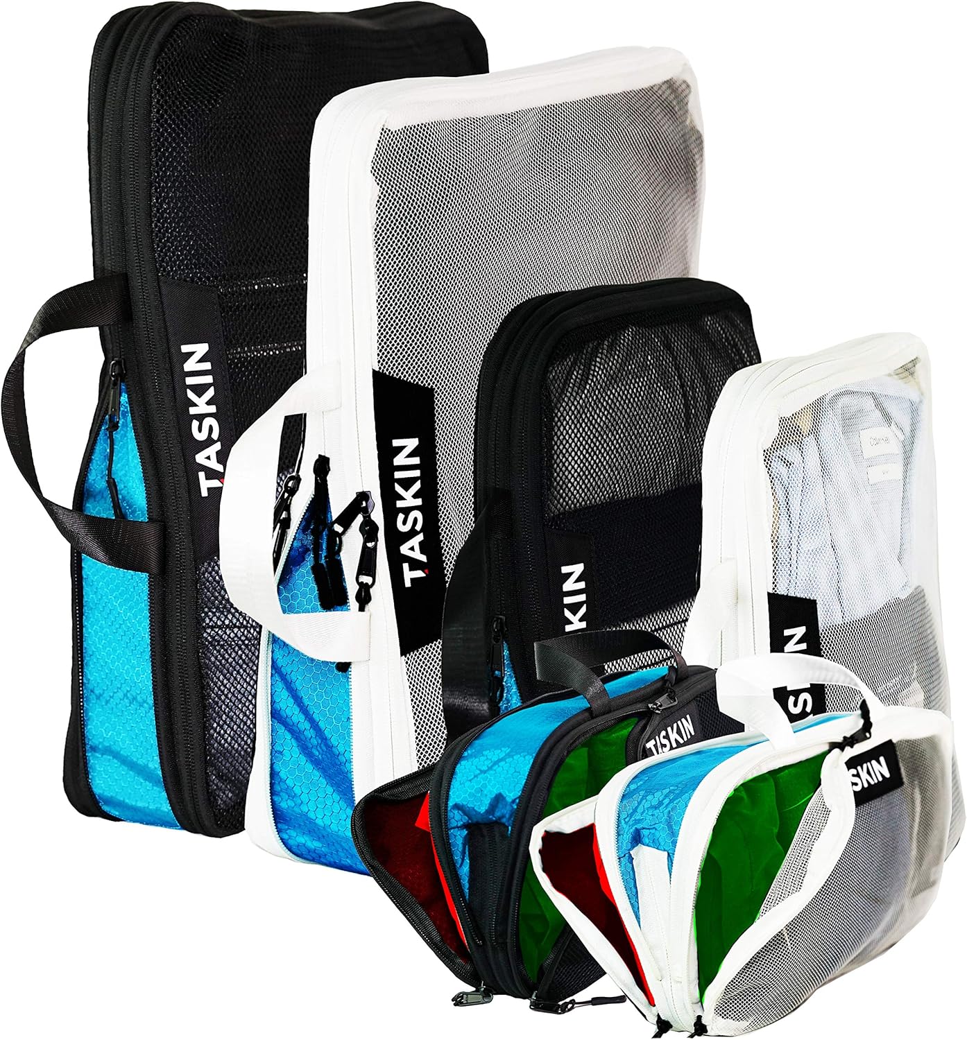 Taskin Compression Packing Cubes | Separate Clean & Dirty Compartments w/Flexible Separator | YKK Zippers | Set of 6 (2XL + 2L + 2M)