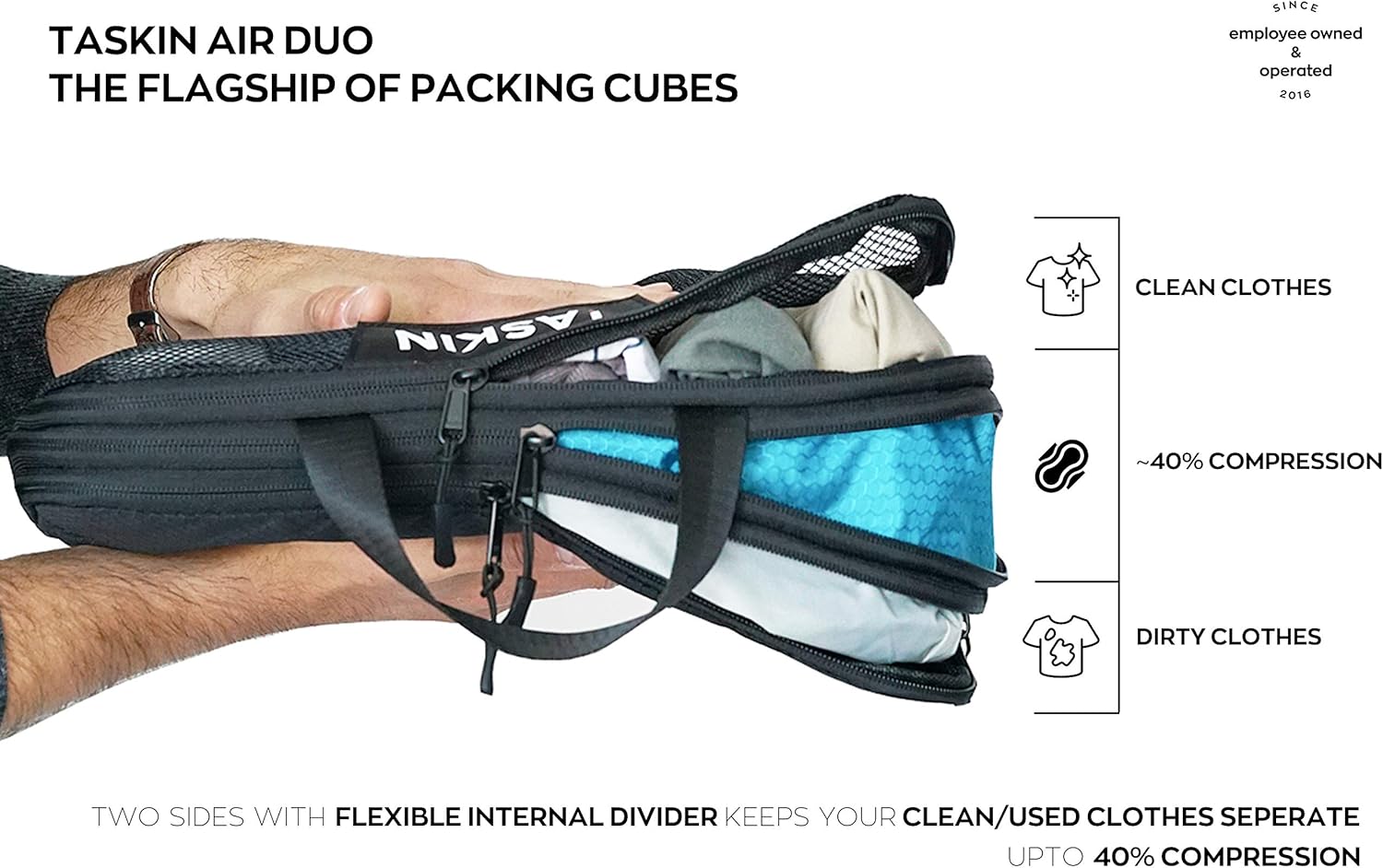 Taskin Compression Packing Cubes | Separate Clean & Dirty Compartments w/Flexible Separator | YKK Zippers | Set of 6 (2XL + 2L + 2M) - Image 2