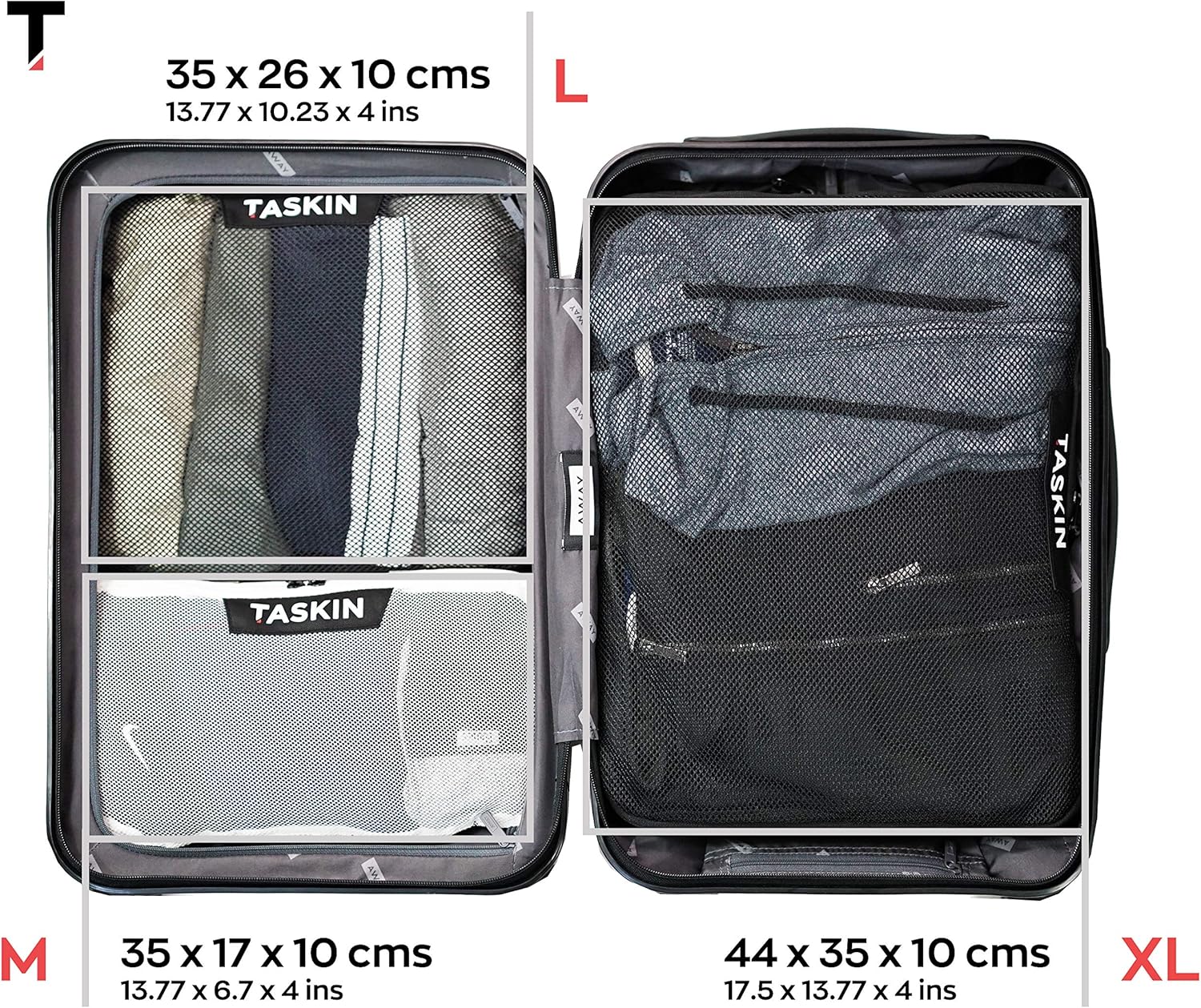 Taskin Compression Packing Cubes | Separate Clean & Dirty Compartments w/Flexible Separator | YKK Zippers | Set of 6 (2XL + 2L + 2M) - Image 5